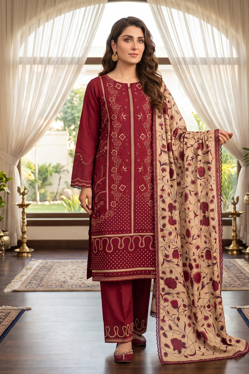 3 Piece - Embroidered Premium Cotton Suit