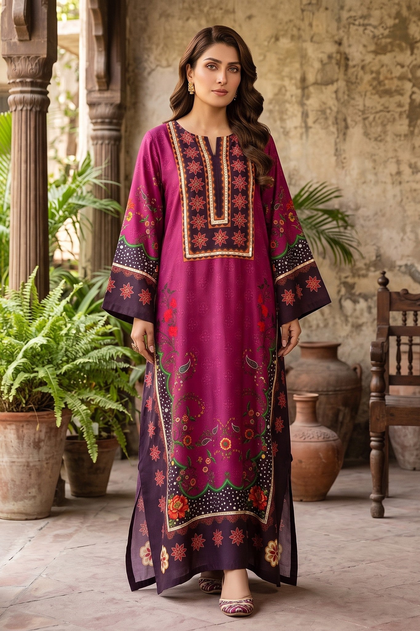 Silk Printed Stitched Kaftan With Handwork