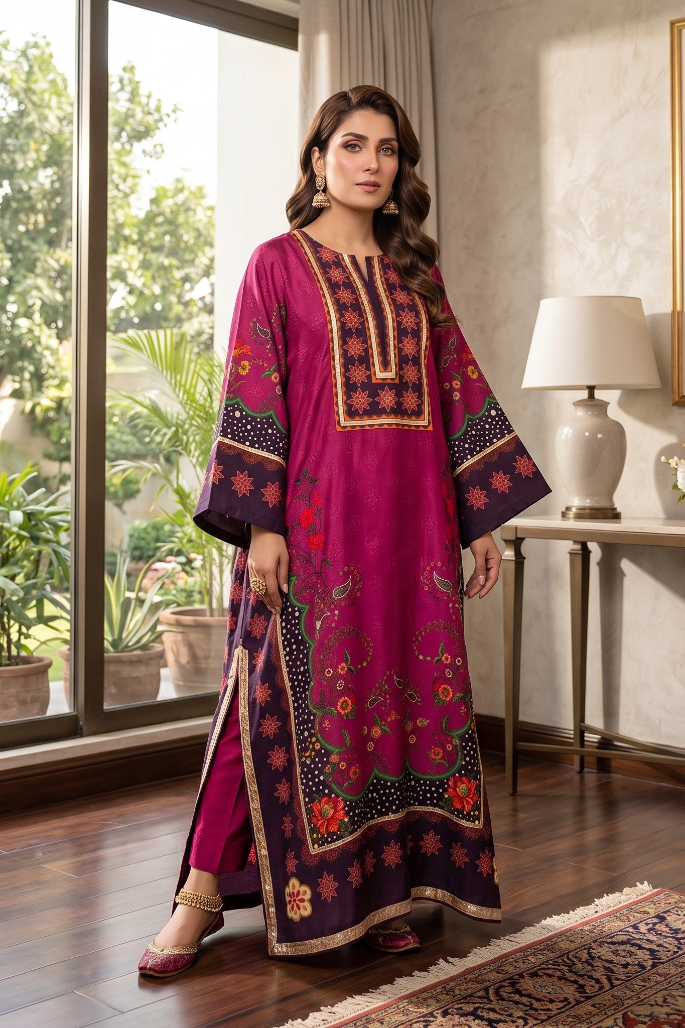 Silk Printed Stitched Kaftan With Handwork