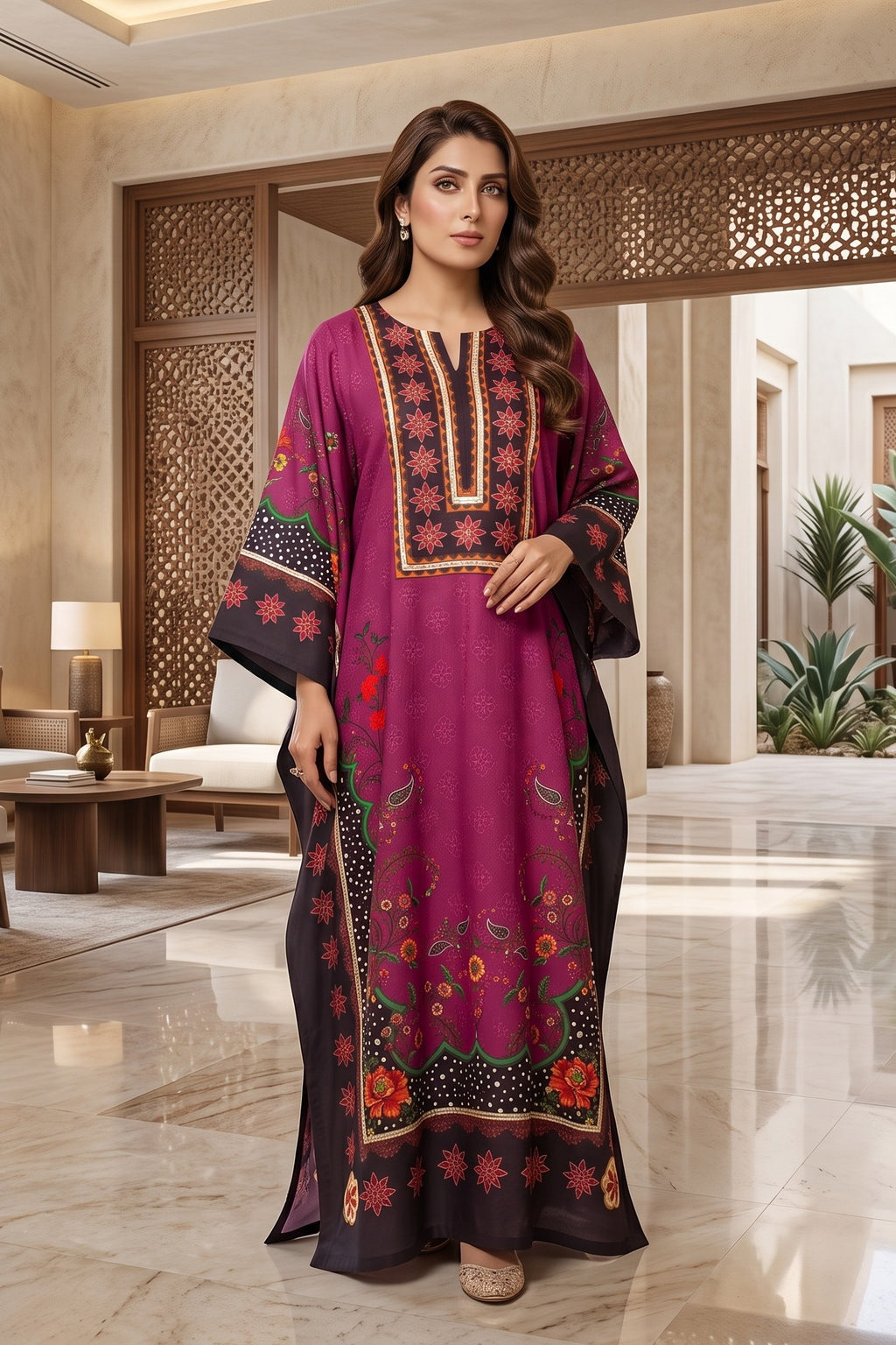 Silk Printed Stitched Kaftan With Handwork