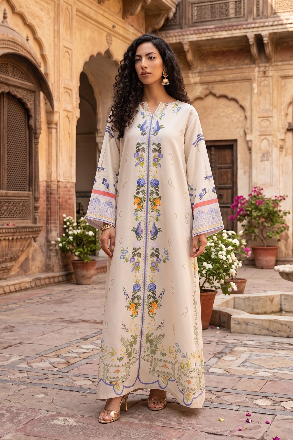 2 Piece Stitched Silk Printed Kaftan With Trouser