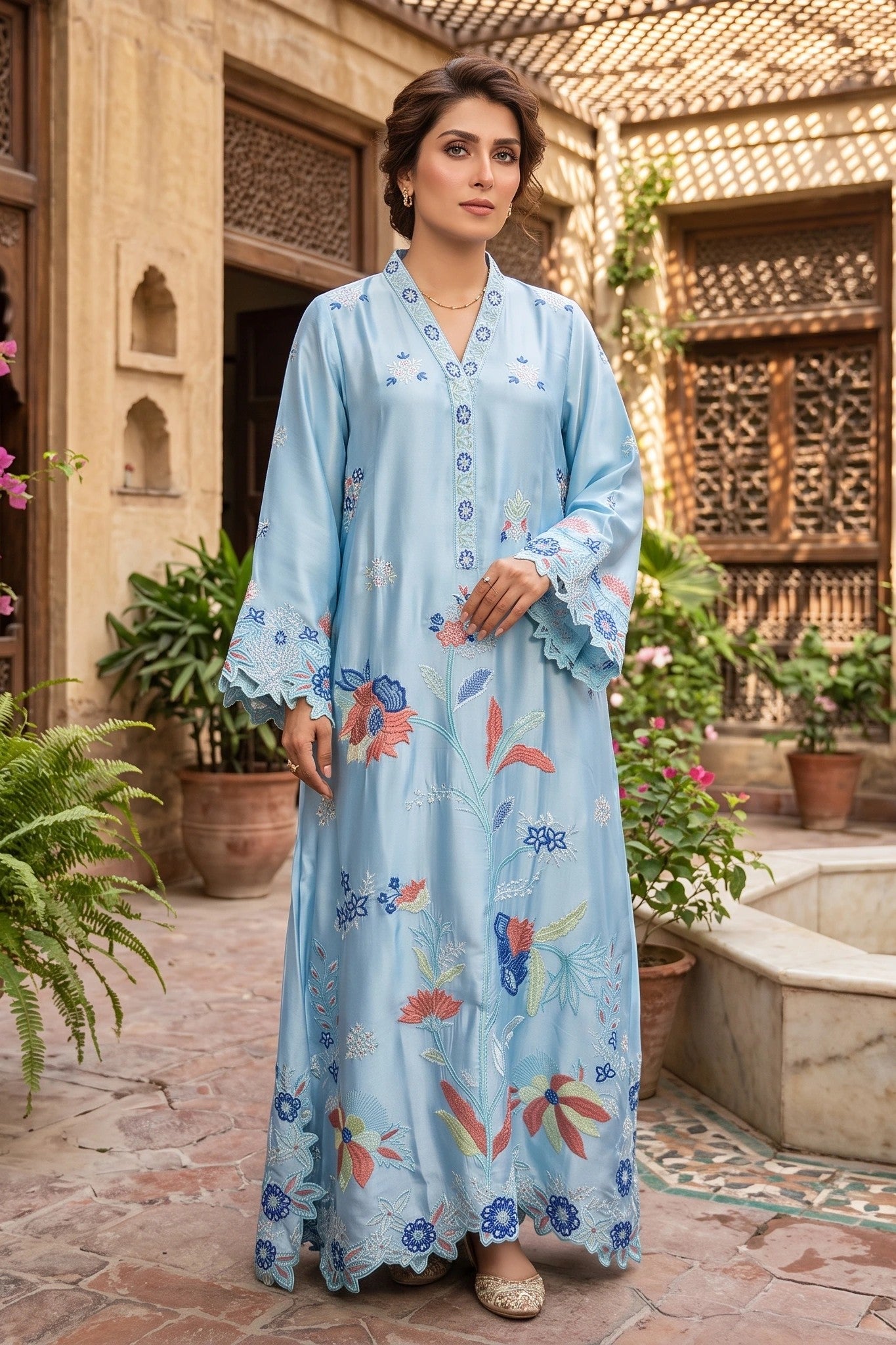 3 Piece Silk Embroidered Stitched Multi Floral Kaftan