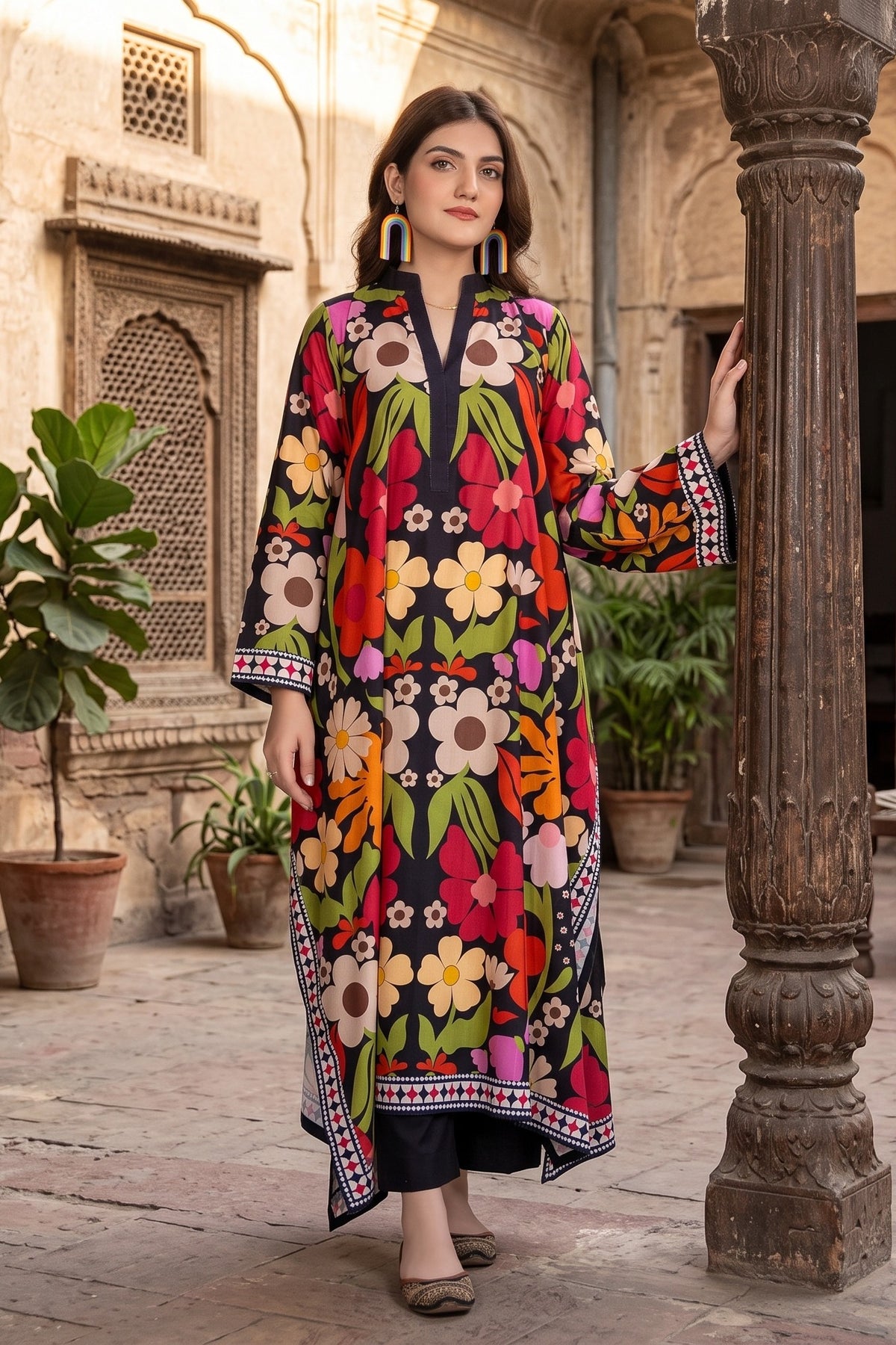 2 Piece Stitched Silk Printed Kaftan With Trouser