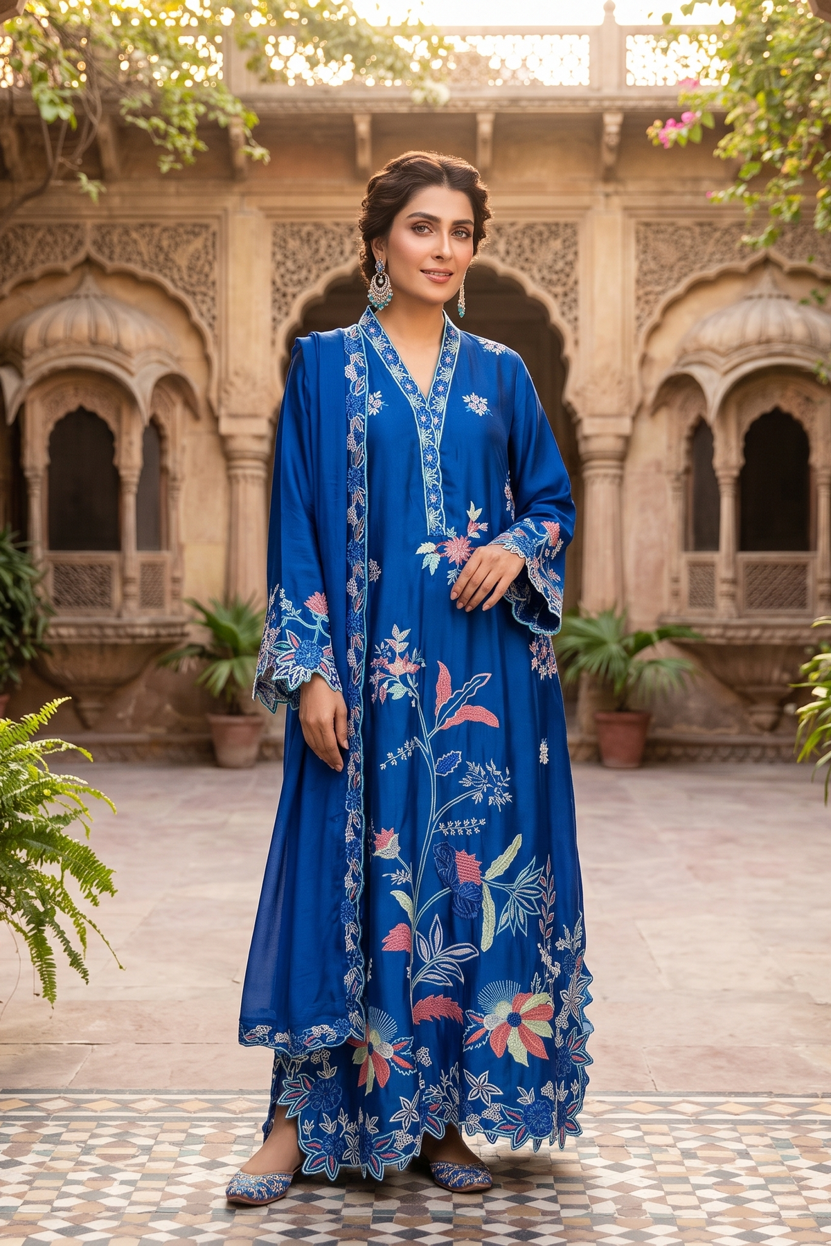 3 Piece Silk Embroidered Stitched Multi Floral Kaftan