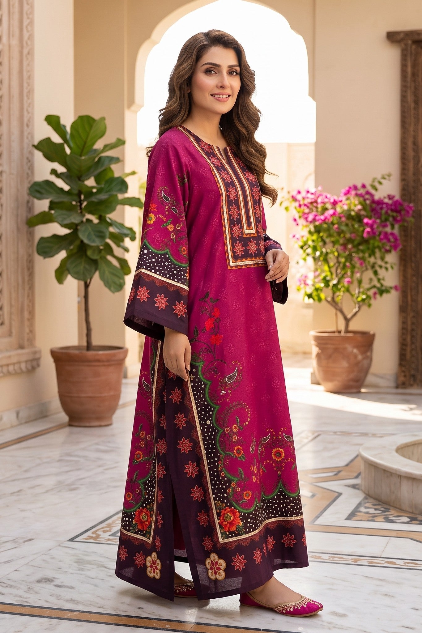Silk Printed Stitched Kaftan With Handwork