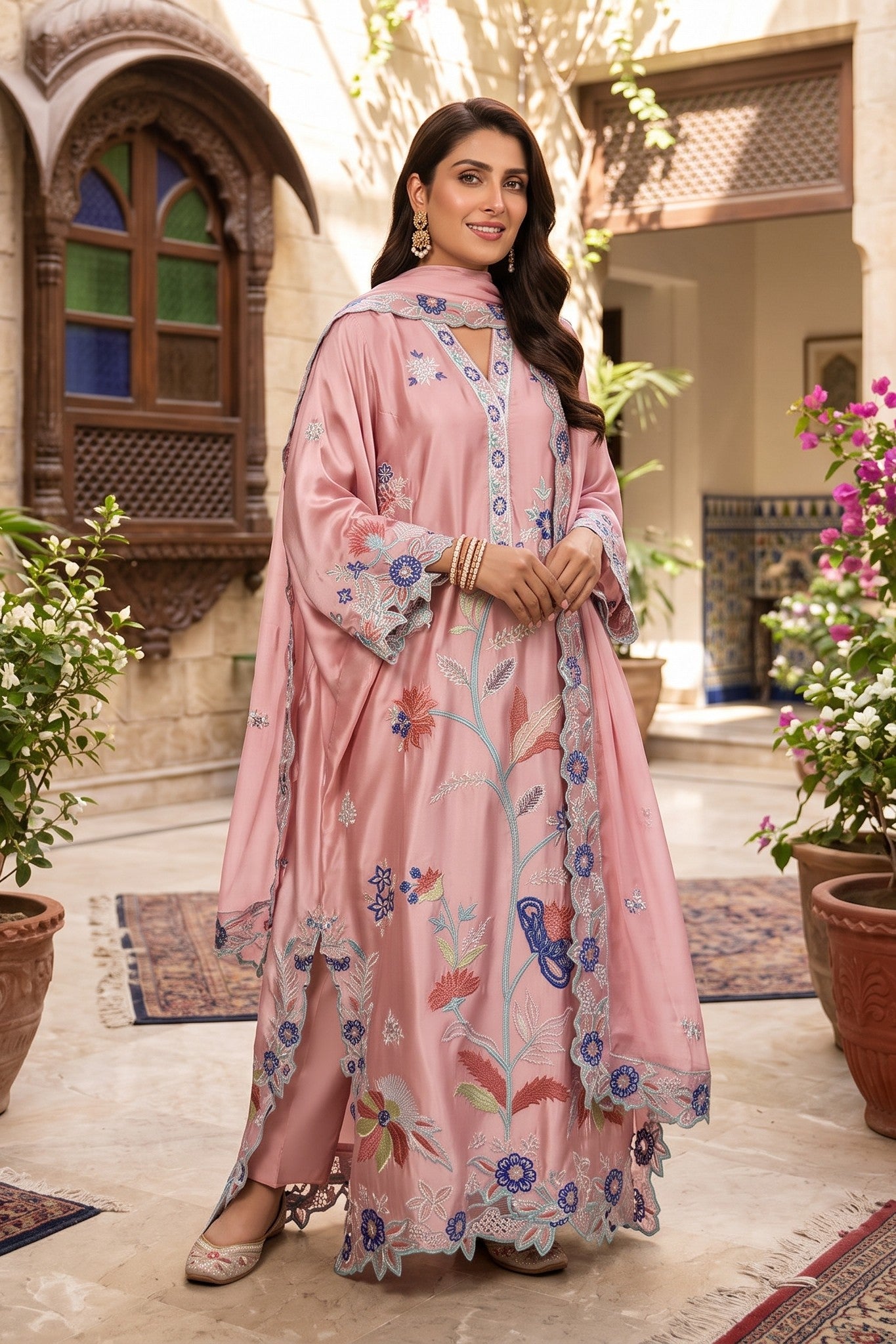 3 Piece Silk Embroidered Stitched Multi Floral Kaftan