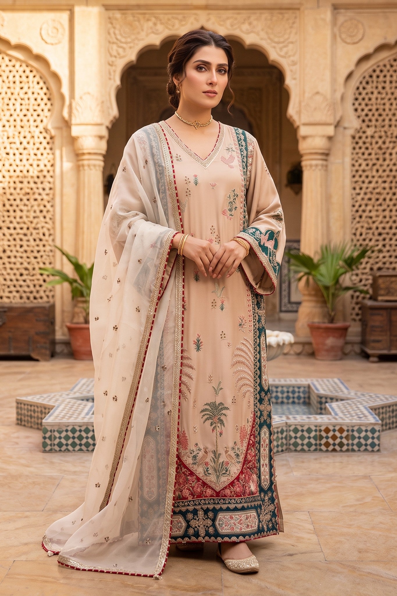3 Piece Silk Embroidered Stitched Aplic Kaftan