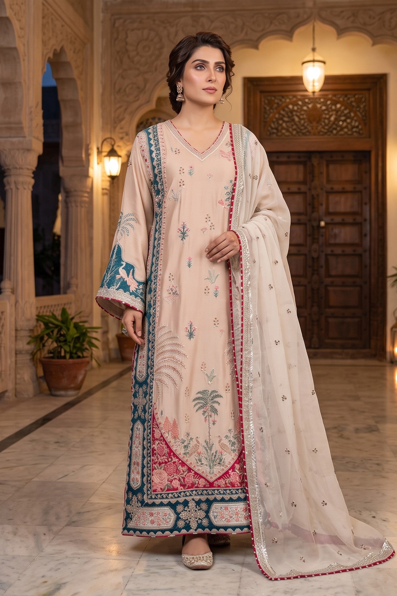 3 Piece Silk Embroidered Stitched Aplic Kaftan