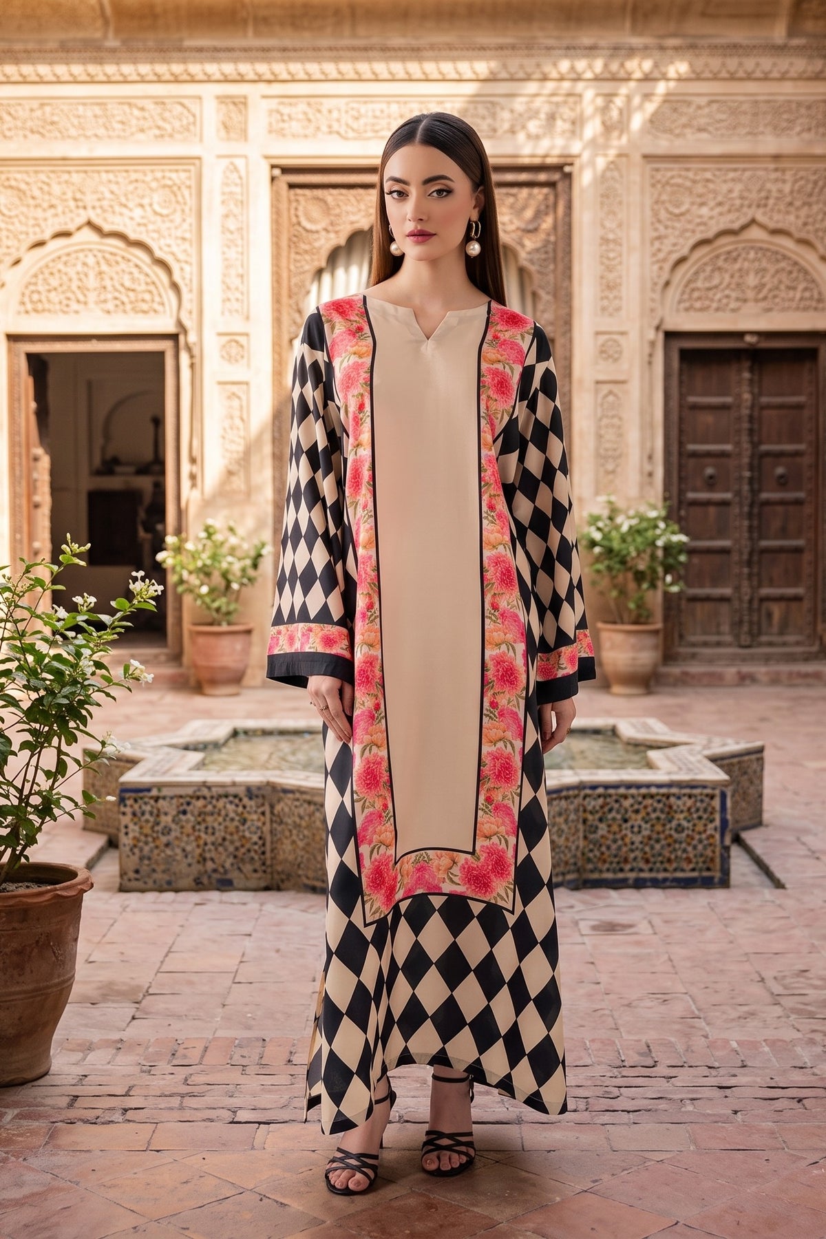 2 Piece Stitched Silk Printed Kaftan With Trouser