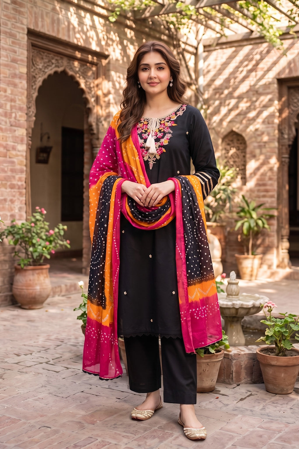3 Piece Chiffon Stitched Shirt Embroidered With Chunri Dupatta
