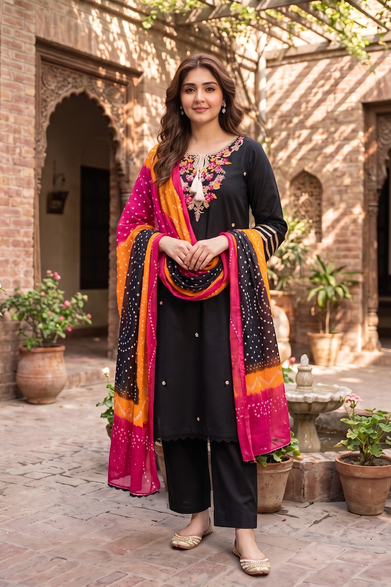 3 Piece Chiffon Stitched Shirt Embroidered With Chunri Dupatta