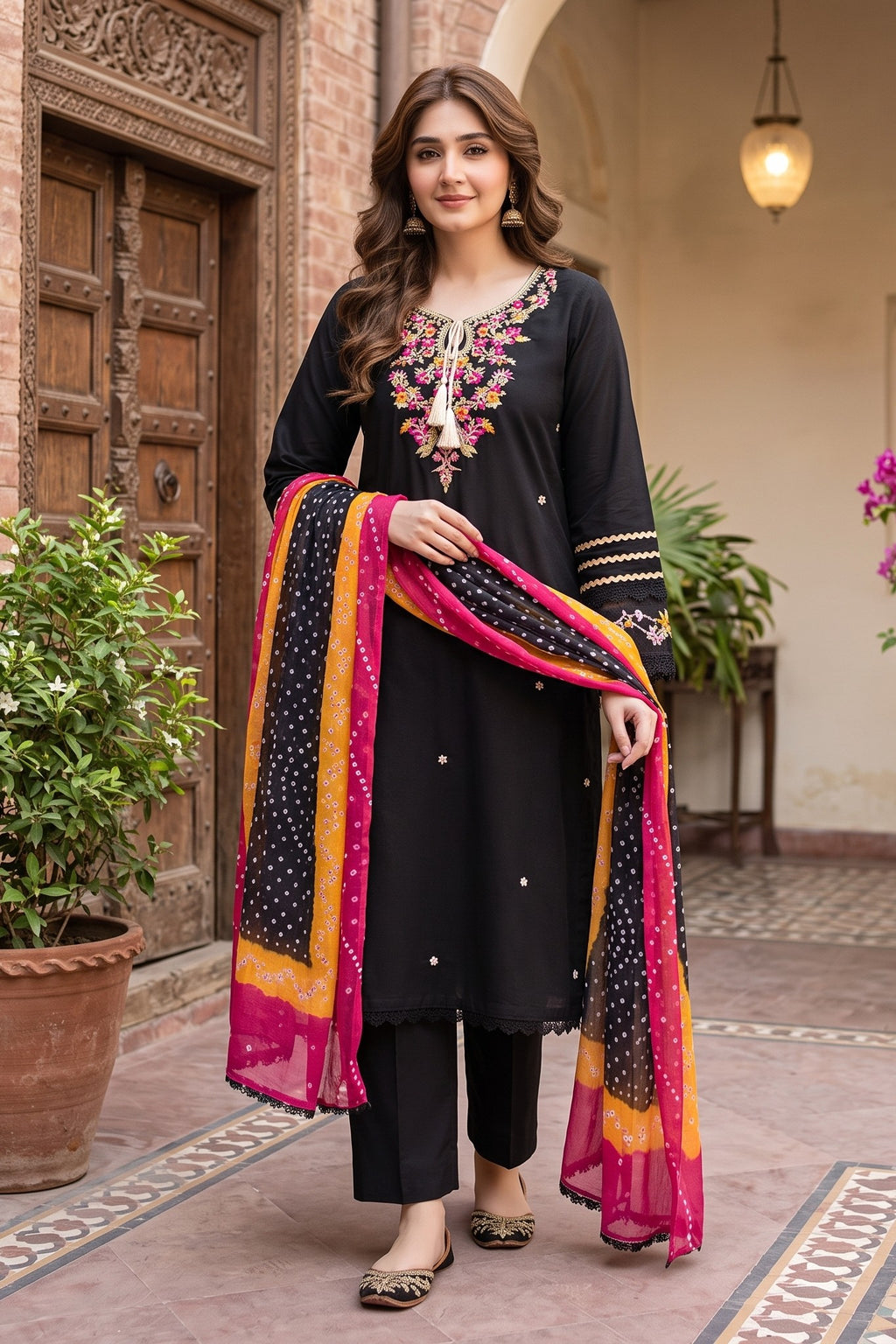 3 Piece Chiffon Stitched Shirt Embroidered With Chunri Dupatta