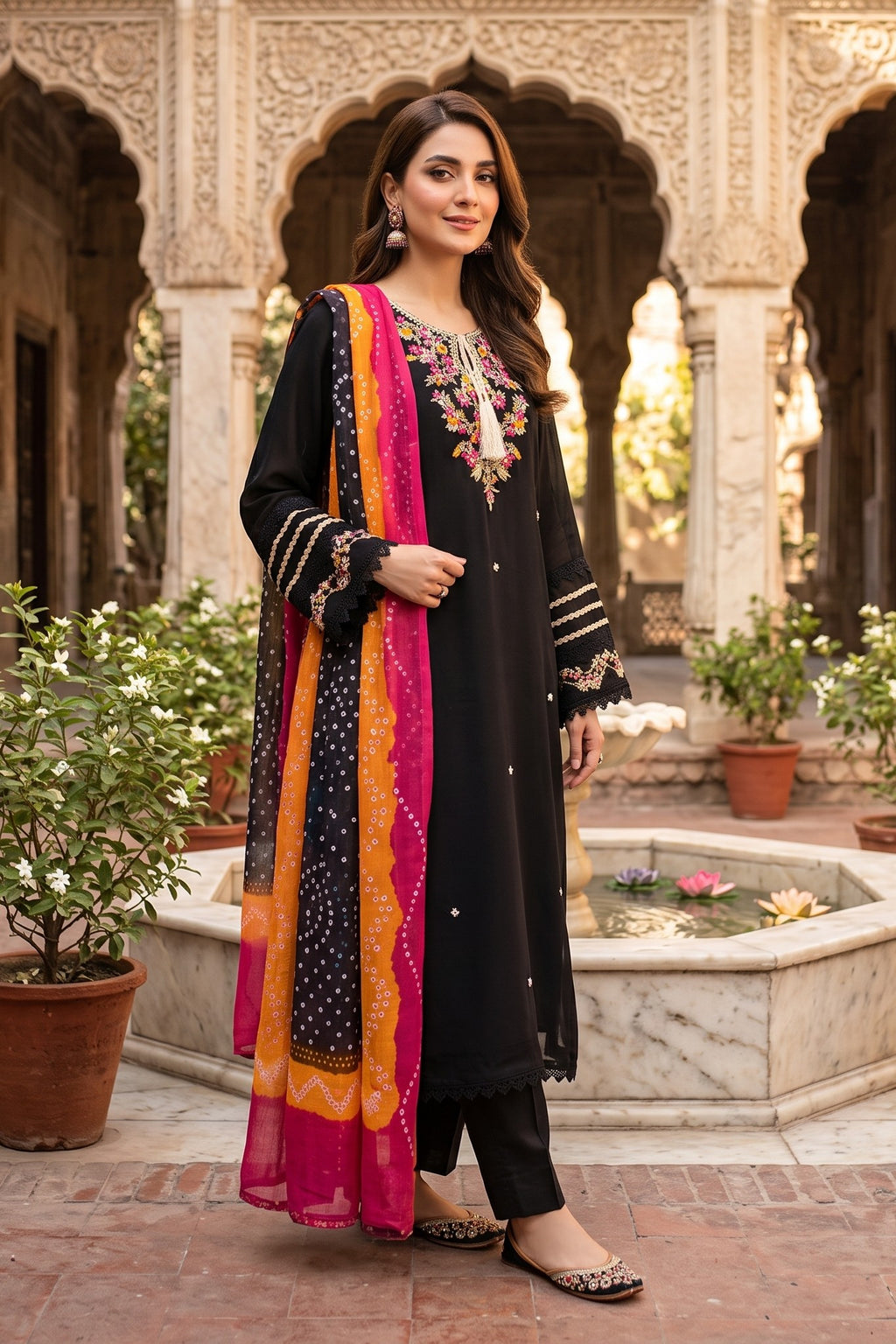 3 Piece Chiffon Stitched Shirt Embroidered With Chunri Dupatta