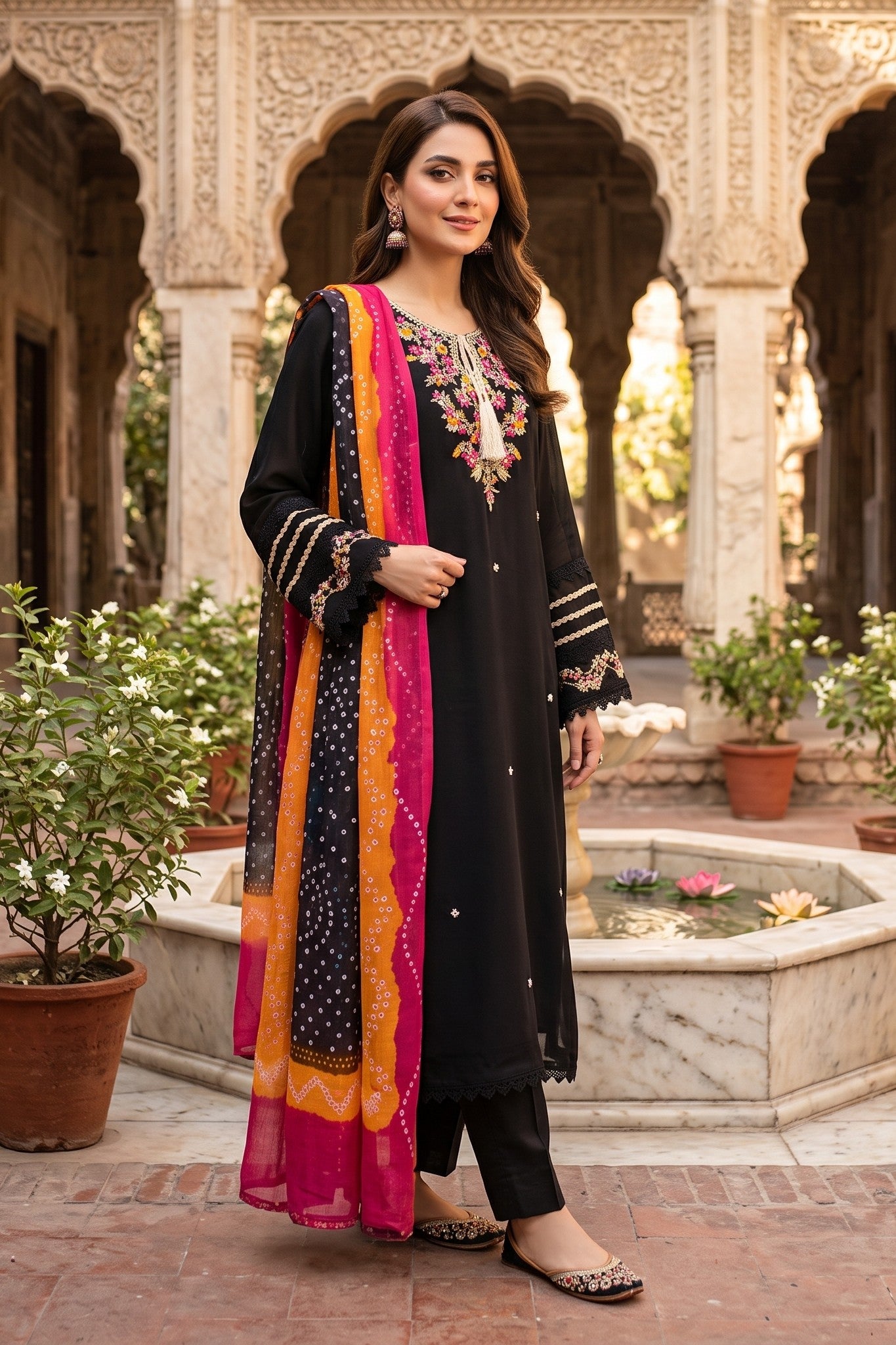 3 Piece Chiffon Stitched Shirt Embroidered With Chunri Dupatta