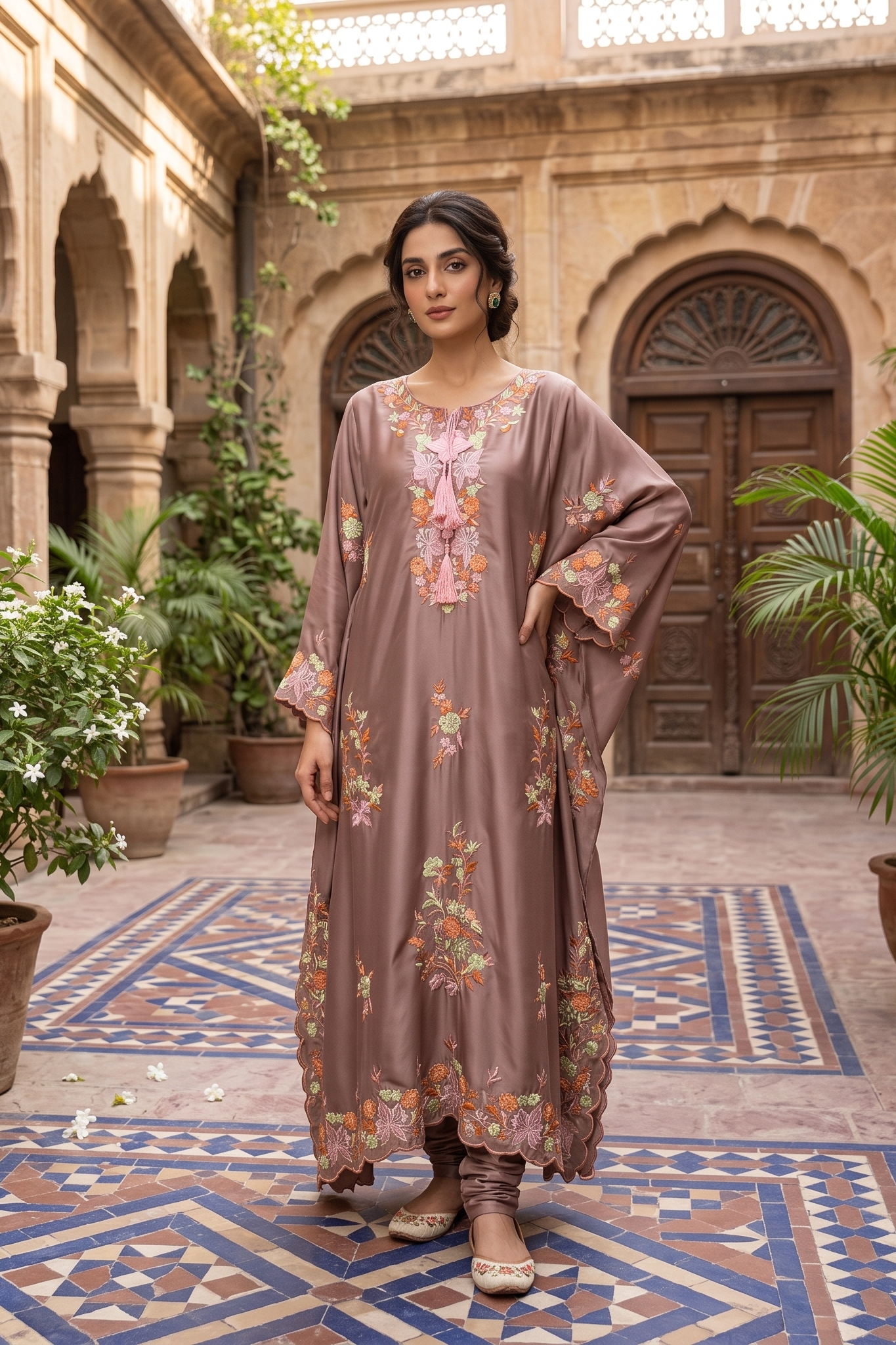 3 Piece Silk Embroidered Stitched Floral Kaftan