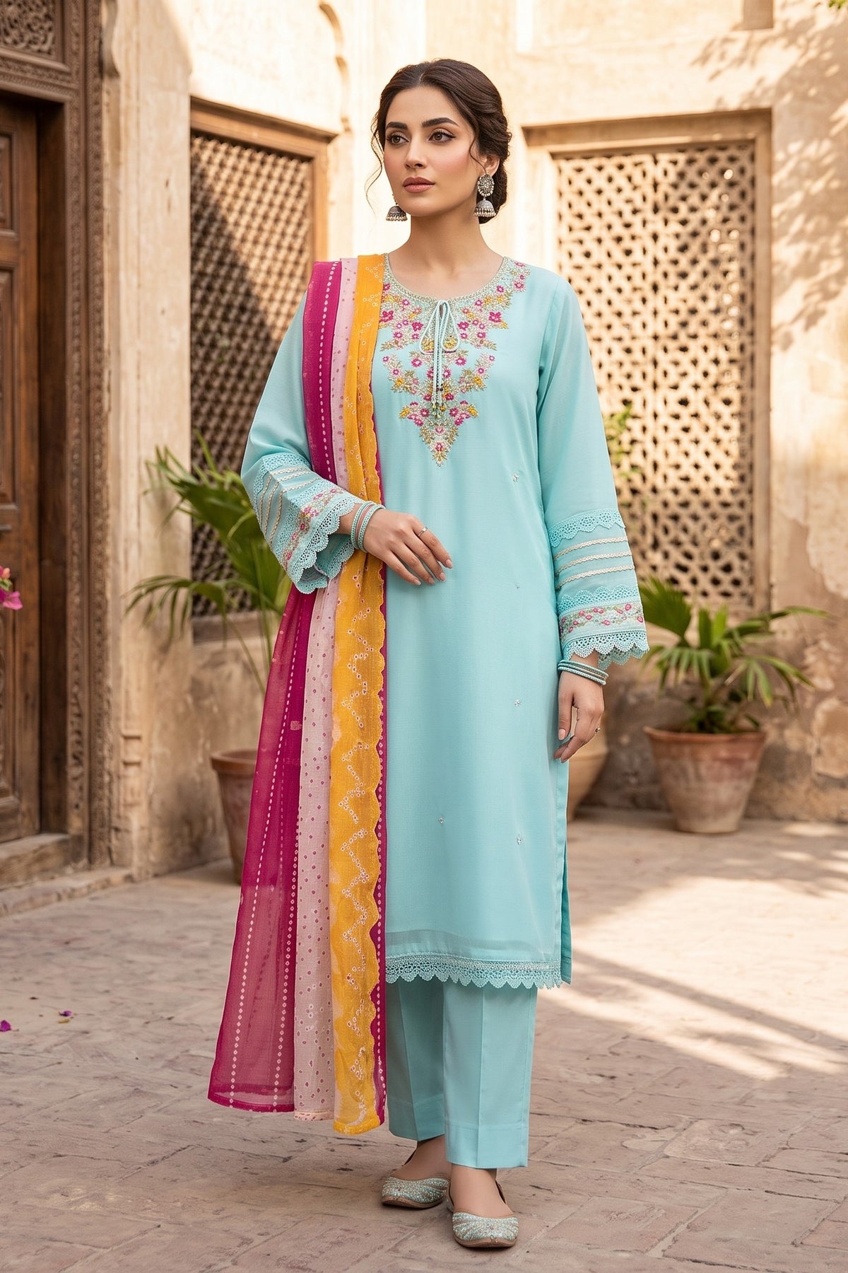 3 Piece Chiffon Stitched Shirt Embroidered With Chunri Dupatta