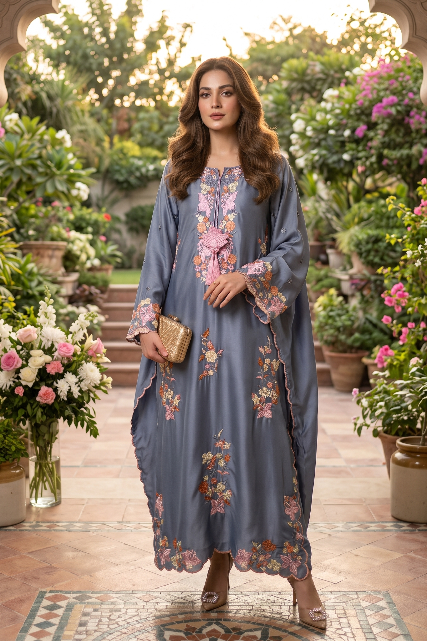 3 Piece Silk Embroidered Stitched Floral Kaftan