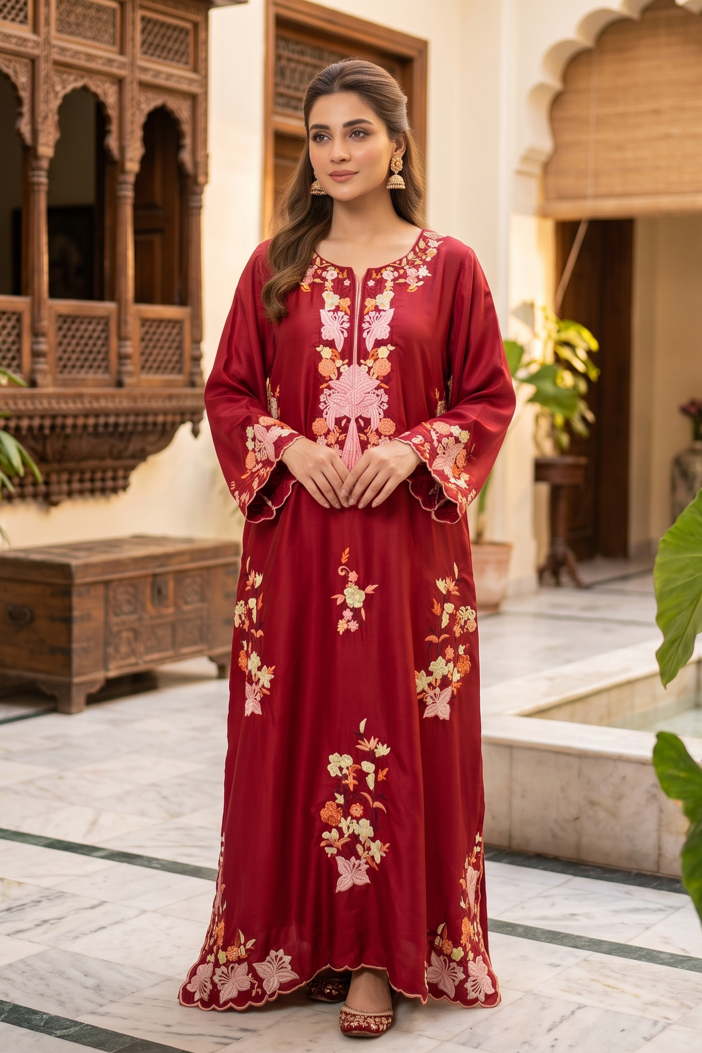3 Piece Silk Embroidered Stitched Floral Kaftan