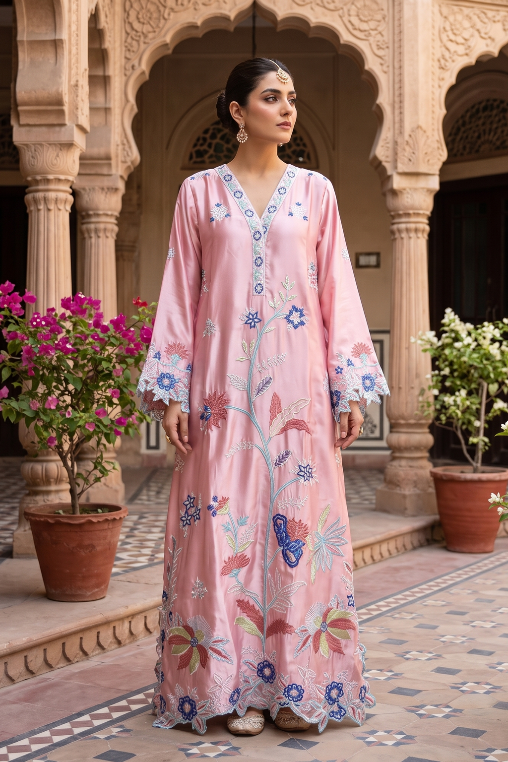 3 Piece Silk Embroidered Stitched Multi Floral Kaftan