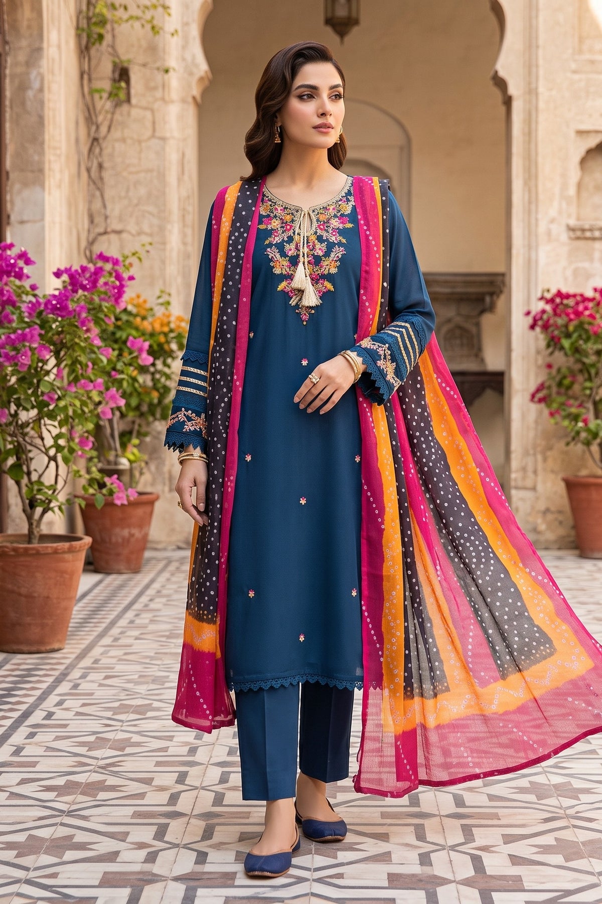 3 Piece Chiffon Stitched Shirt Embroidered With Chunri Dupatta