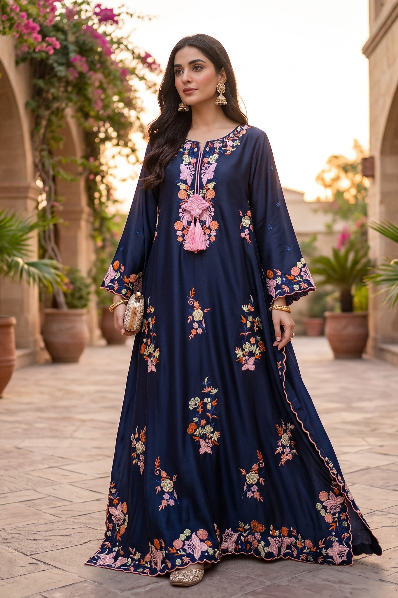 3 Piece Silk Embroidered Stitched Floral Kaftan