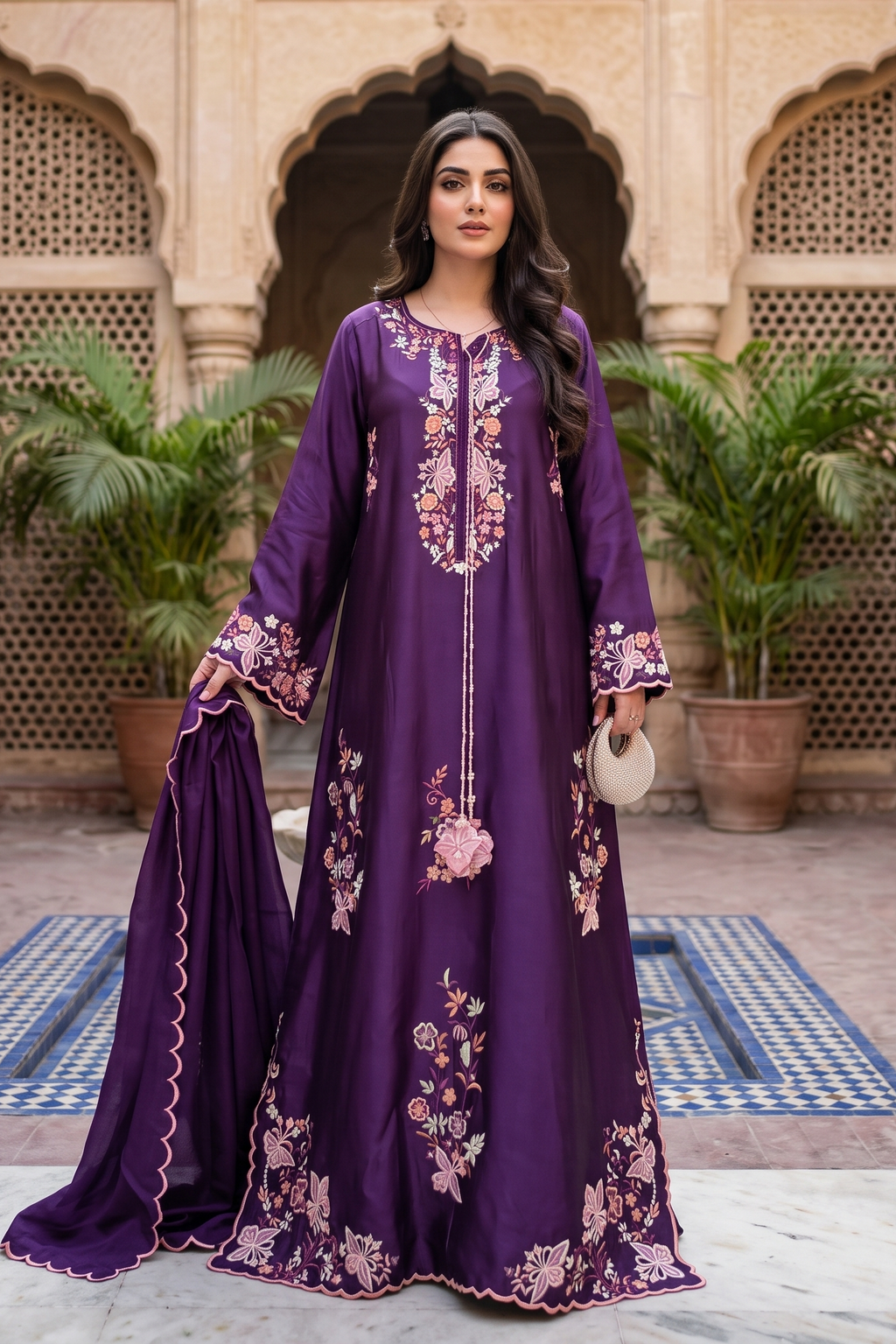 3 Piece Silk Embroidered Stitched Floral Kaftan