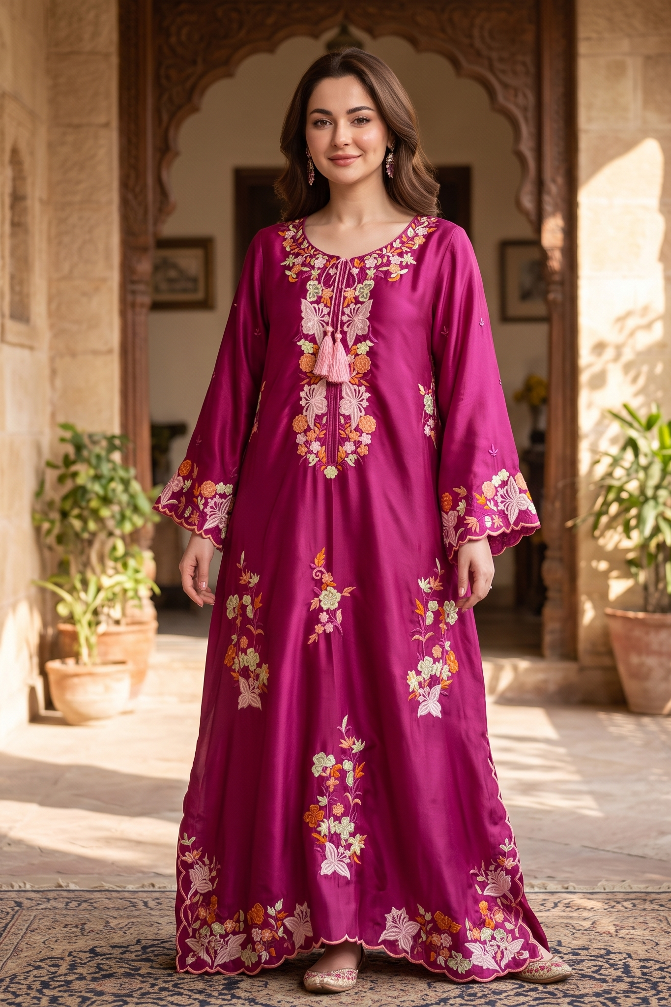 3 Piece Silk Embroidered Stitched Floral Kaftan