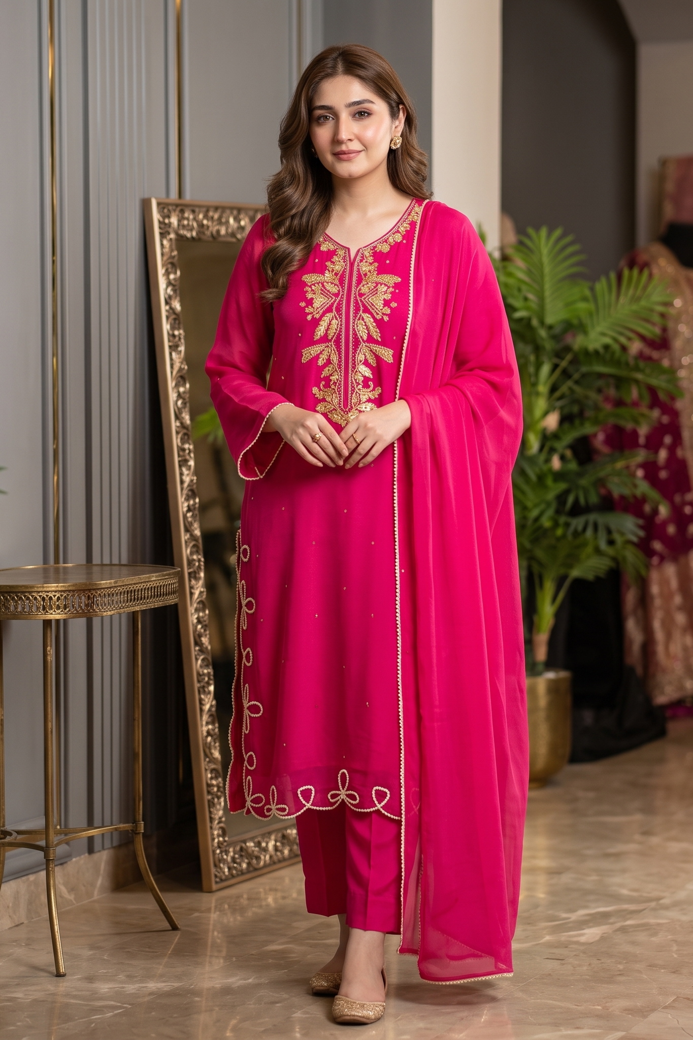 3 Piece Silk Embroidered Handwork Stitched Shirt