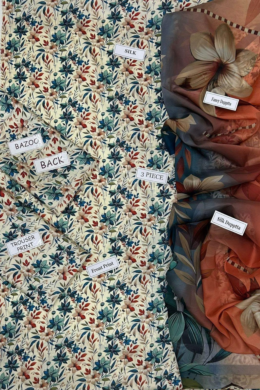 Maria B 3 Piece Unstitched Floral Silk Suit