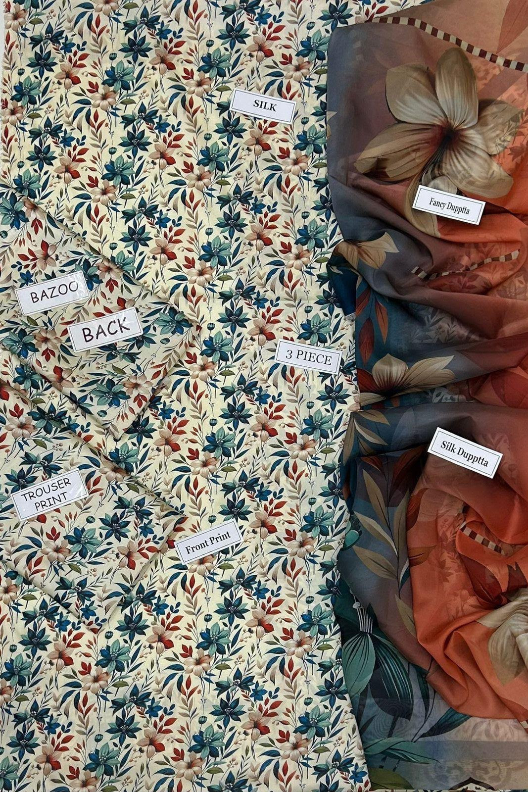 Maria B 3 Piece Unstitched Floral Silk Suit