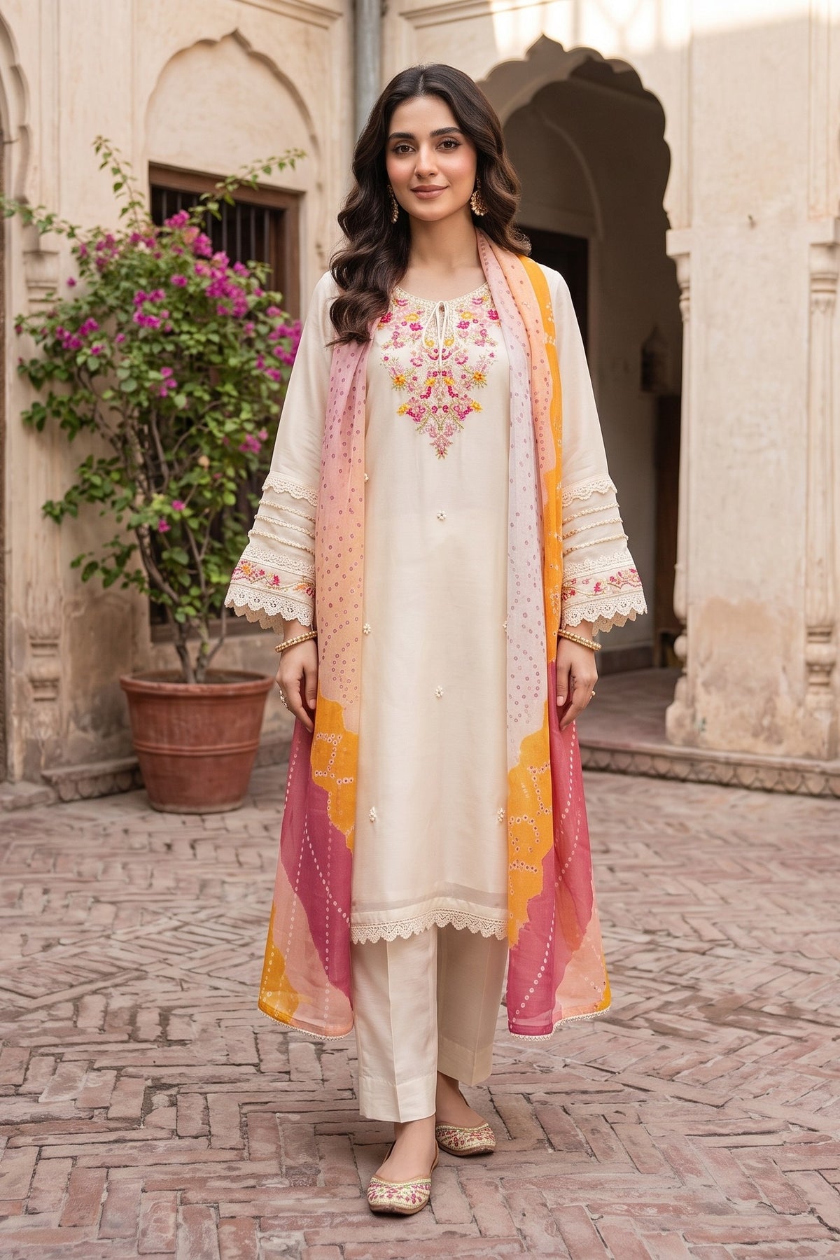 3 Piece Chiffon Stitched Shirt Embroidered With Chunri Dupatta