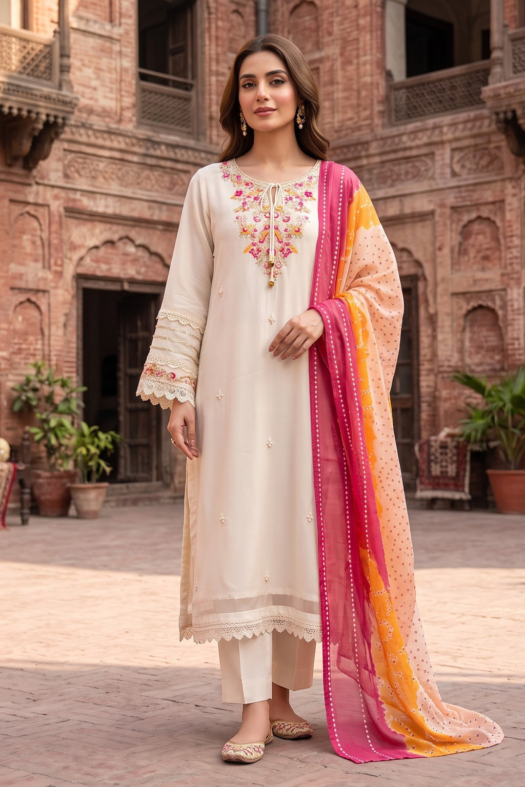 3 Piece Chiffon Stitched Shirt Embroidered With Chunri Dupatta
