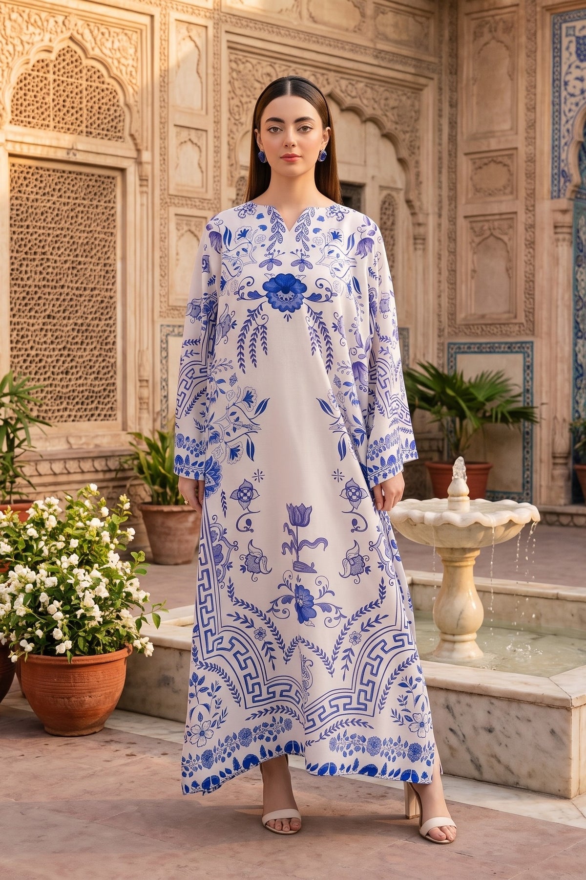 2 Piece Stitched Silk Printed Kaftan With Trouser