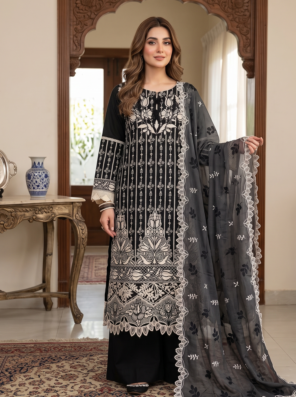 3 Piece - Embroidered Premium Cotton Suit
