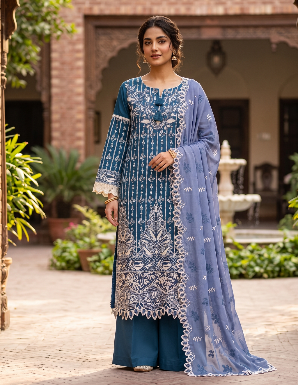 3 Piece - Embroidered Premium Cotton Suit