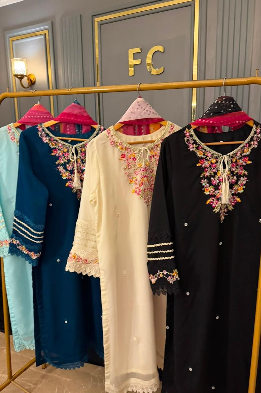 3 Piece Chiffon Stitched Shirt Embroidered With Chunri Dupatta