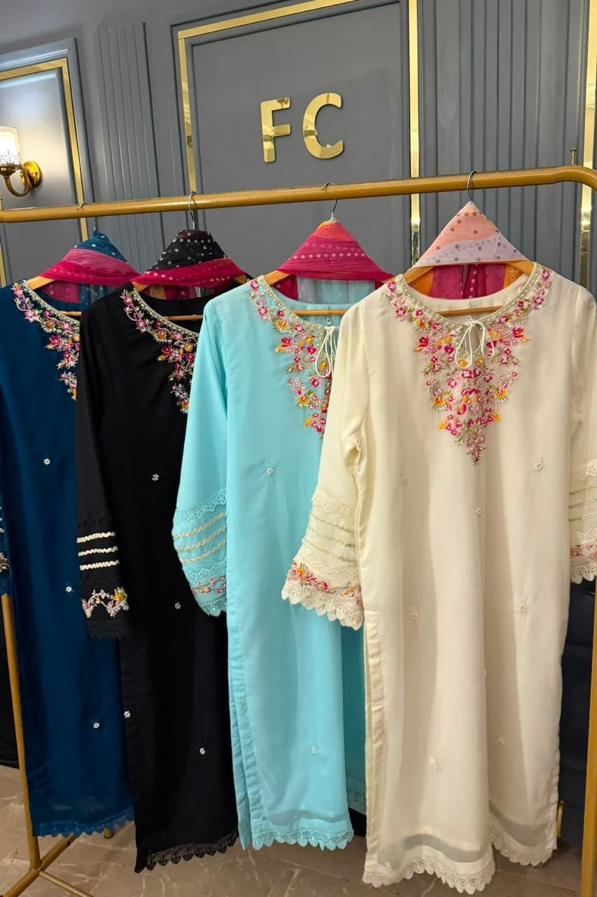 3 Piece Chiffon Stitched Shirt Embroidered With Chunri Dupatta