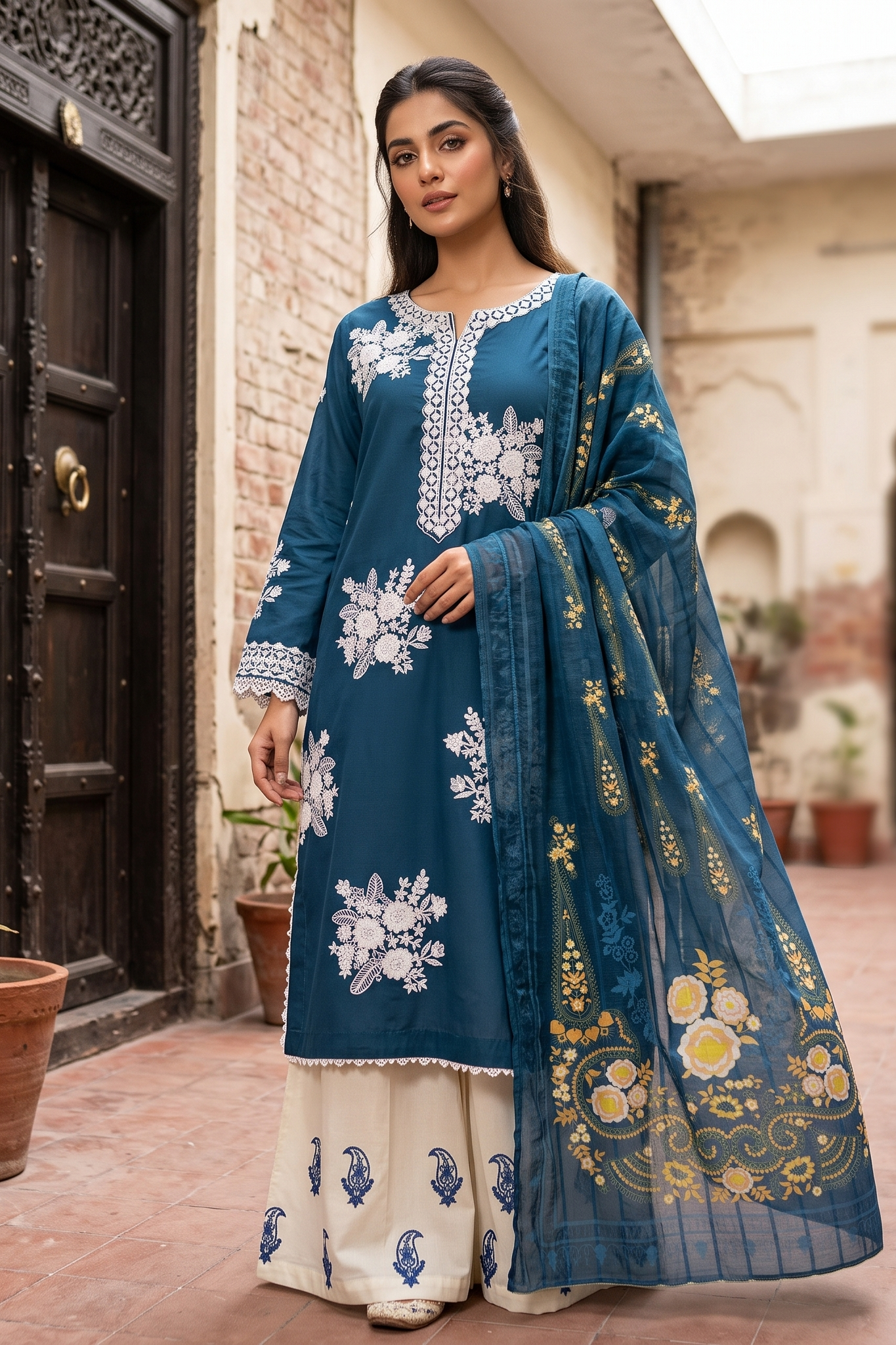 3 Piece - Embroidered Premium Cotton Suit