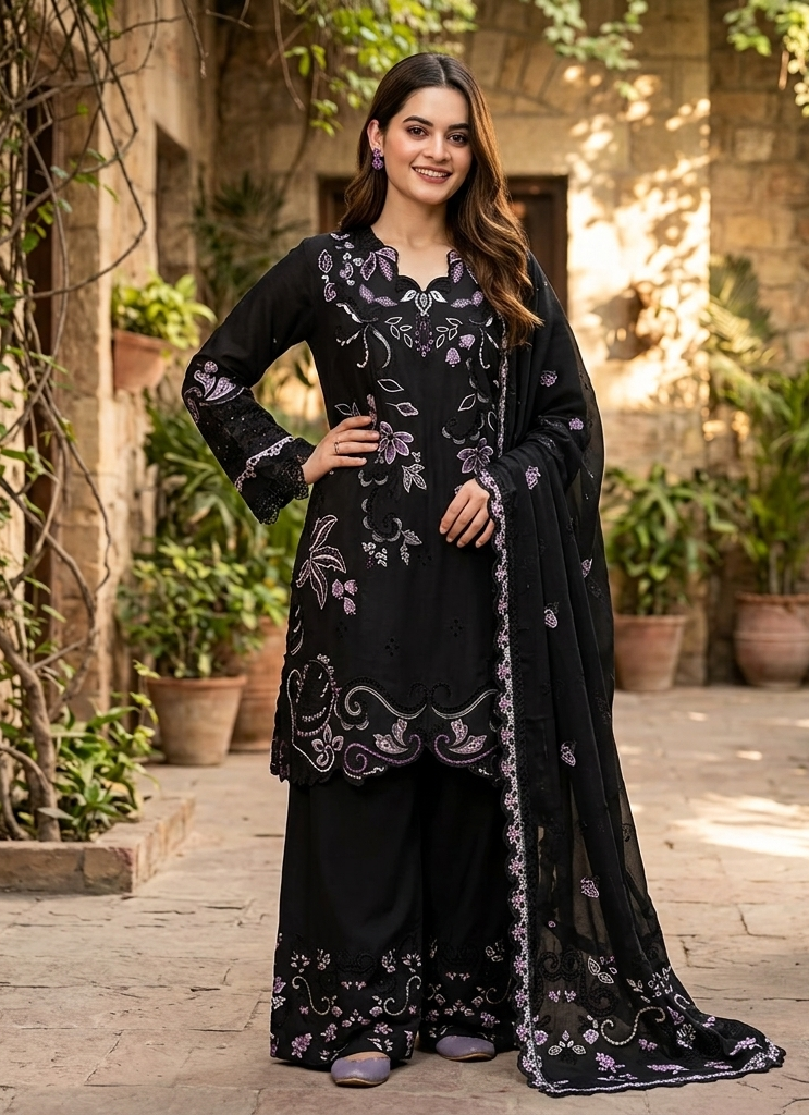 3 Piece - Embroidered Premium Cotton Suit