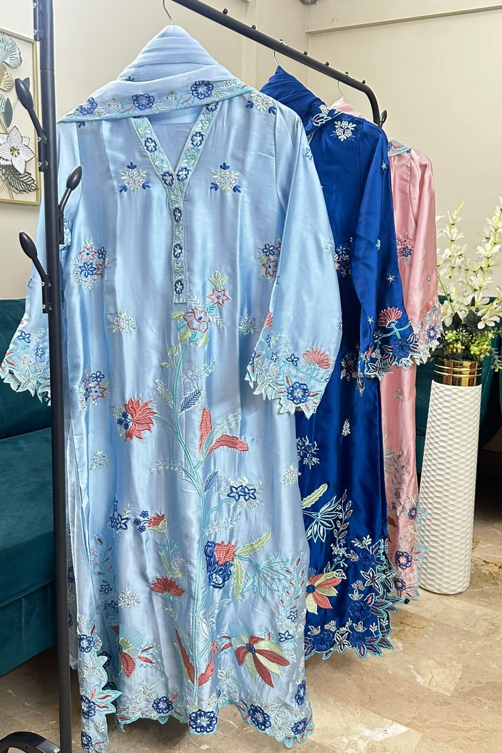 3 Piece Silk Embroidered Stitched Multi Floral Kaftan