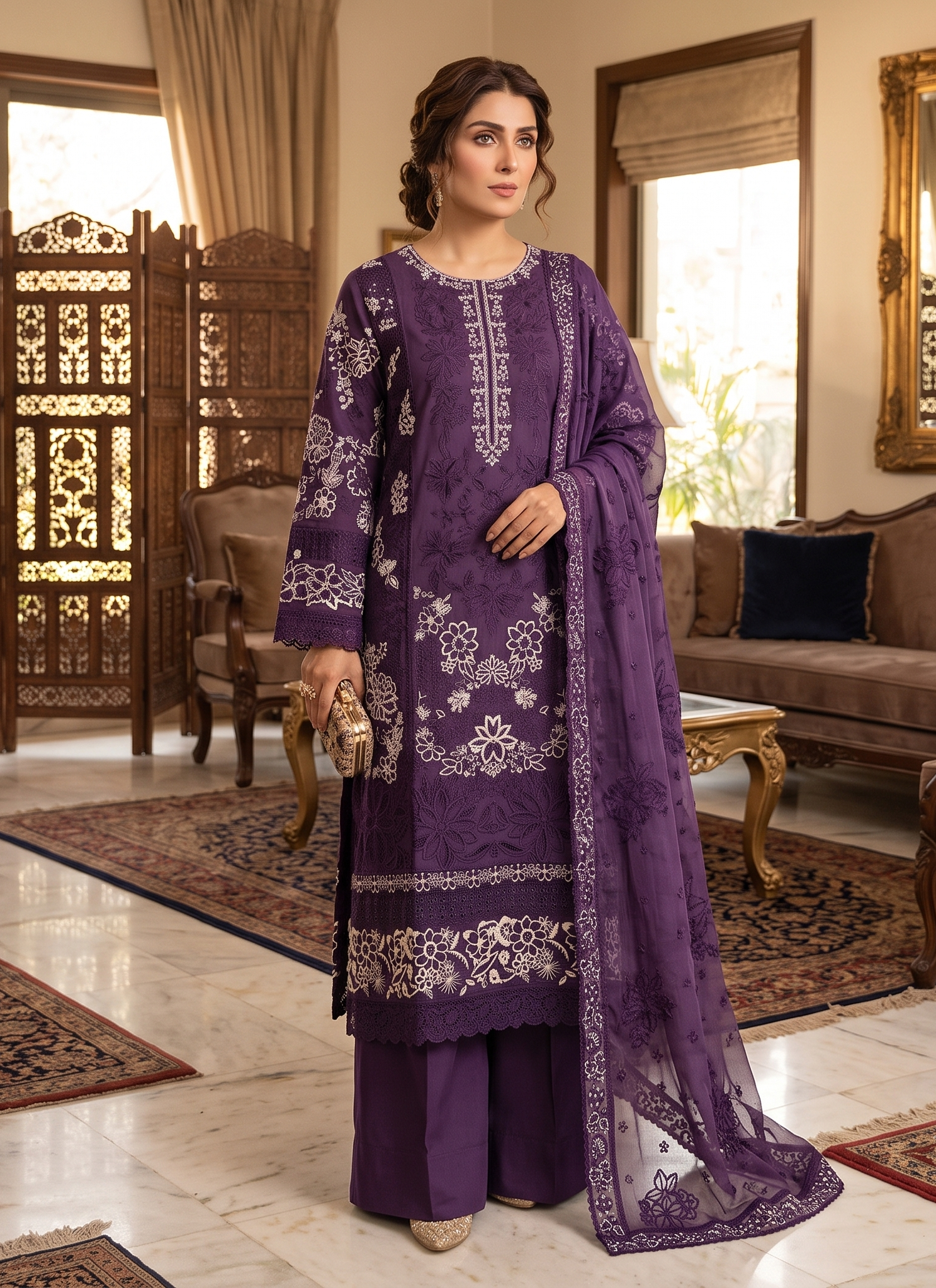 3 Piece - Embroidered Premium Cotton Suit