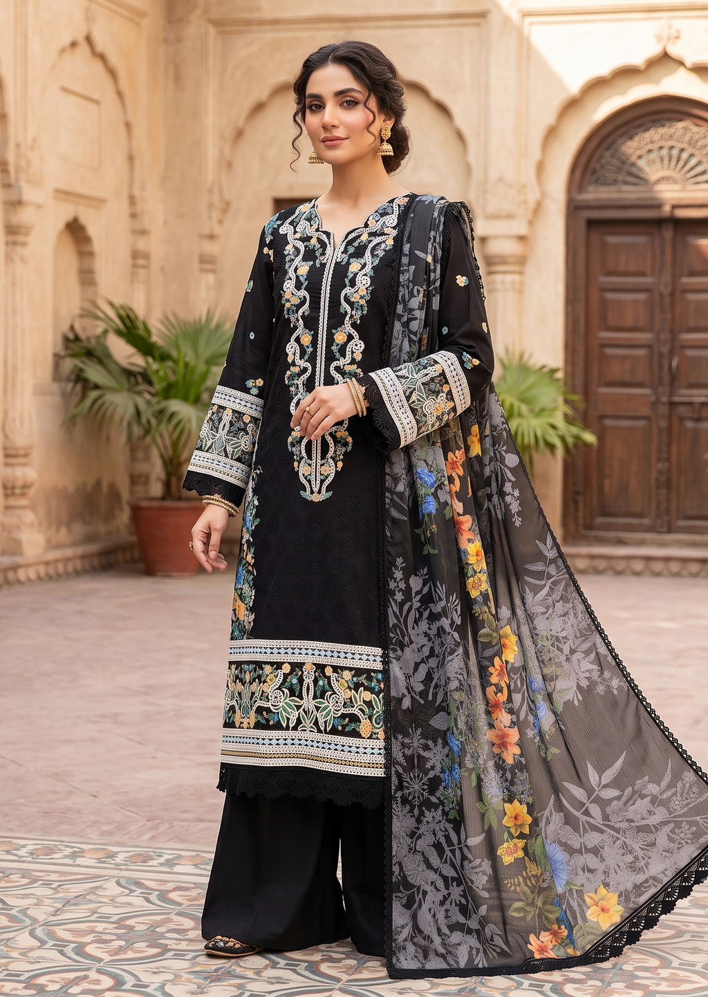 3 Piece - Embroidered Premium Cotton Suit
