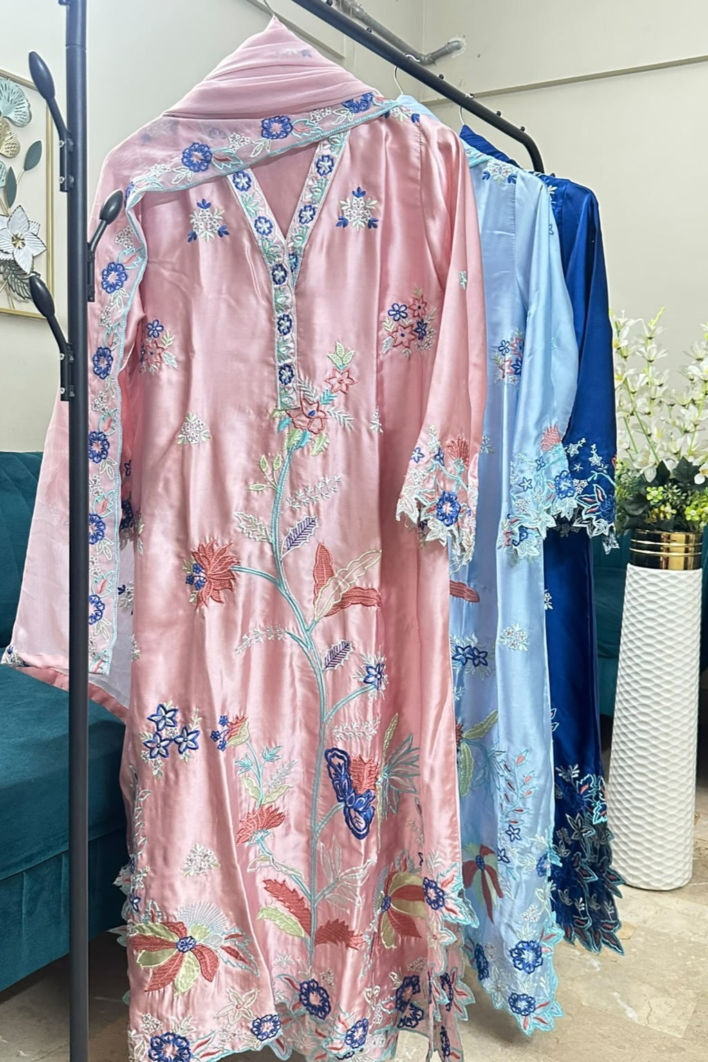 3 Piece Silk Embroidered Stitched Multi Floral Kaftan