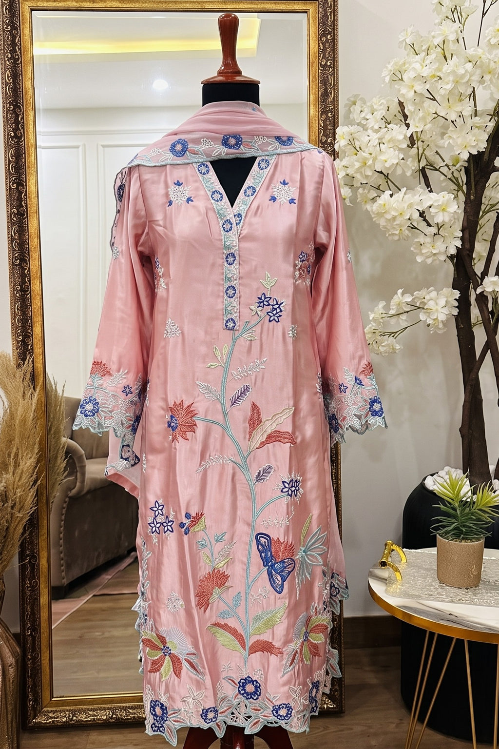 3 Piece Silk Embroidered Stitched Multi Floral Kaftan