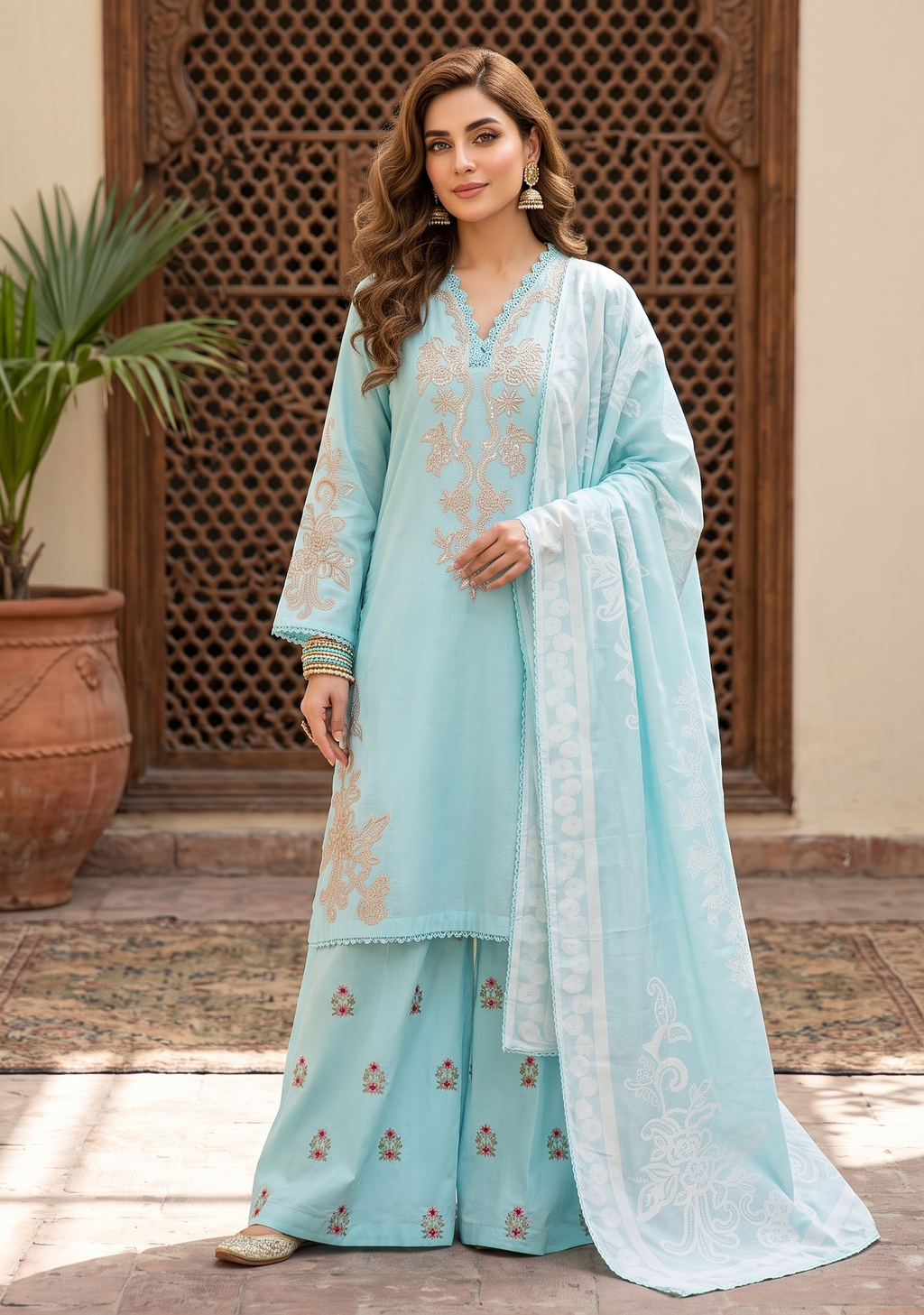 3 Piece - Embroidered Premium Cotton Suit