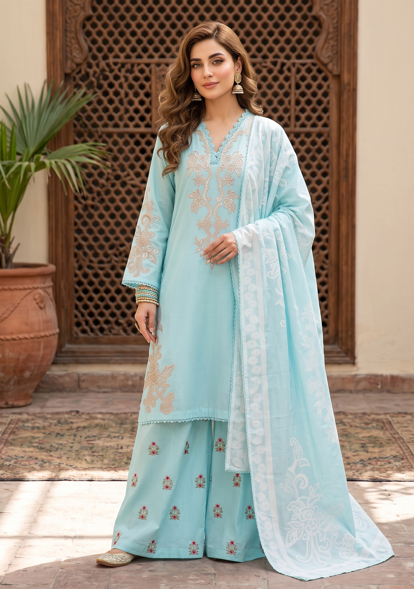 3 Piece - Embroidered Premium Cotton Suit