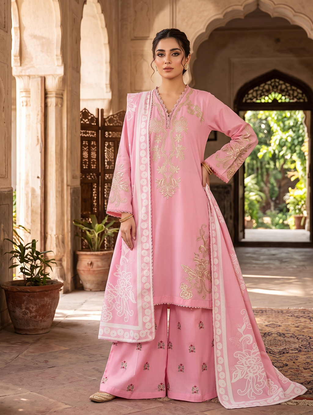 3 Piece - Embroidered Premium Cotton Suit