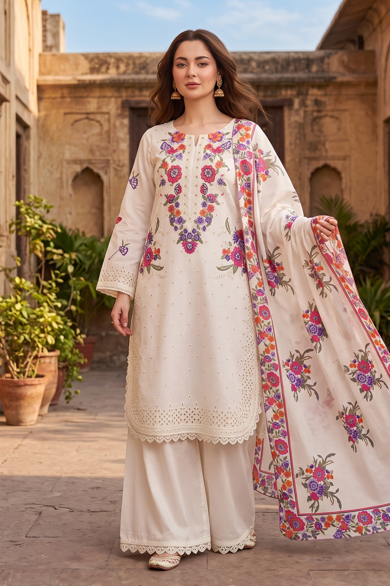 3 Piece - Embroidered Premium Cotton Suit