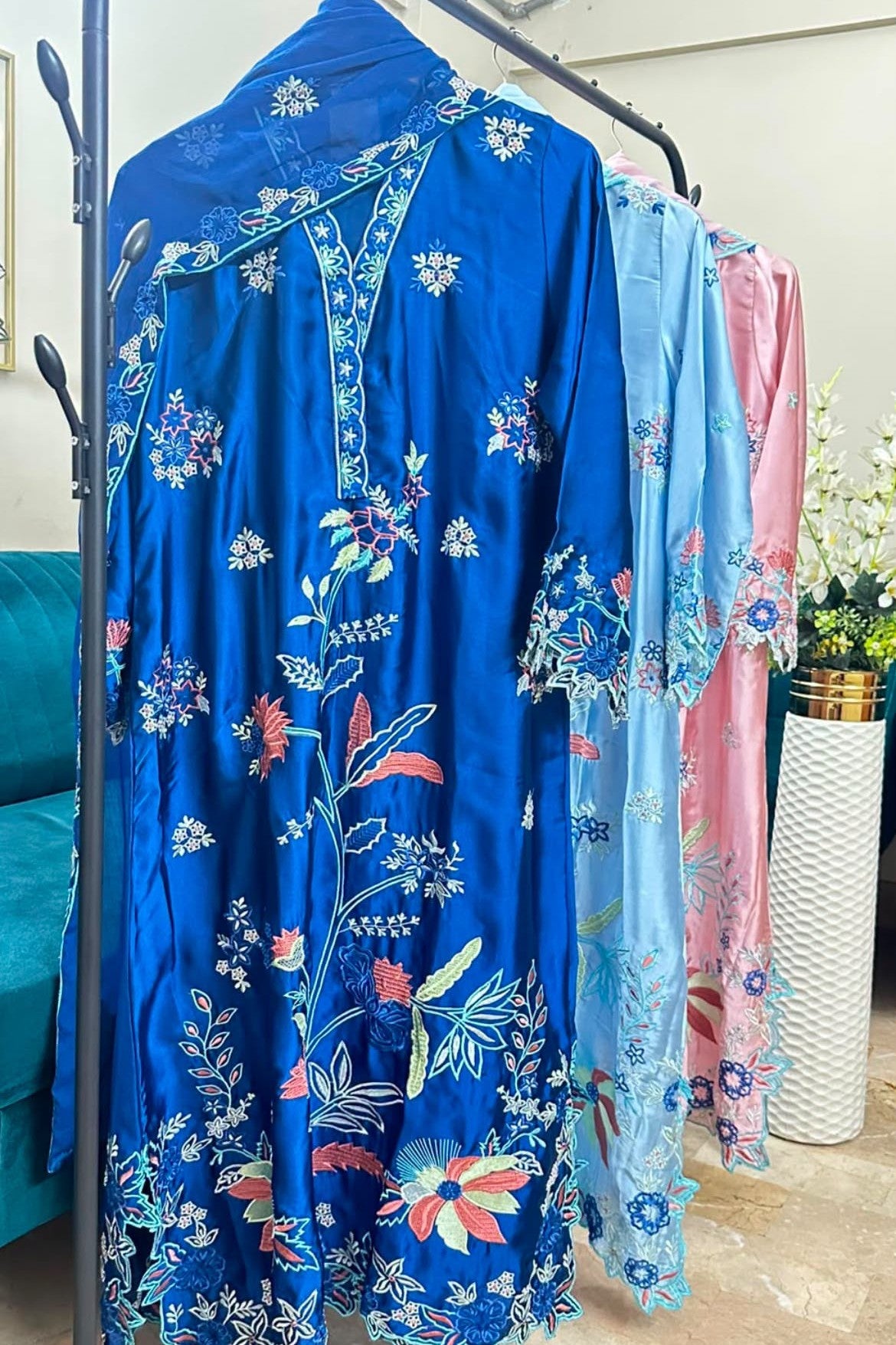 3 Piece Silk Embroidered Stitched Multi Floral Kaftan